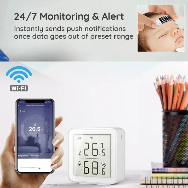 

Комнатный гигрометр Tuya, термометр с датчиком температуры и влажности для умного дома, со светодиодным экраном, работает с Alexa Google для комнаты