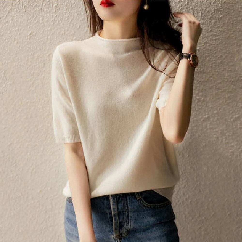 Fashion Minimalism Women Knits T-shirt Short Sleeve Round Neck Loose Solid Color Pullover Elegant Chic Leisure Ladies Tops 2022
Fashion Minimalism Women Knits T-shirt Short Sleeve Round Neck Loose Solid Color Pullover Elegant Chic Leisure Ladies Tops 2022