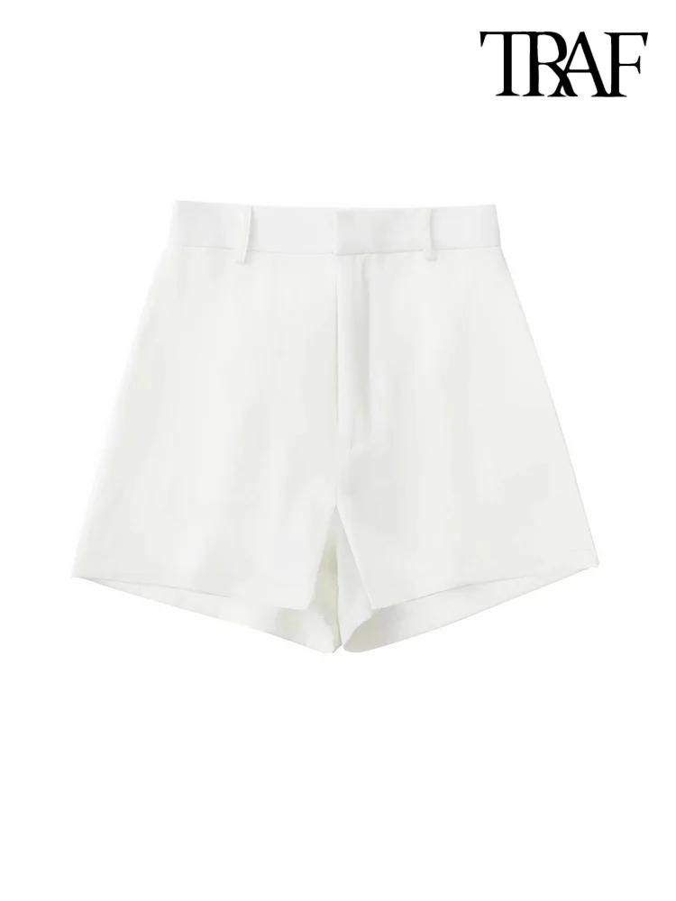 

TRAF Women Fashion Front Pleated White Shorts Skirts Vintage High Waist Zipper Fly Female Skort Mujer