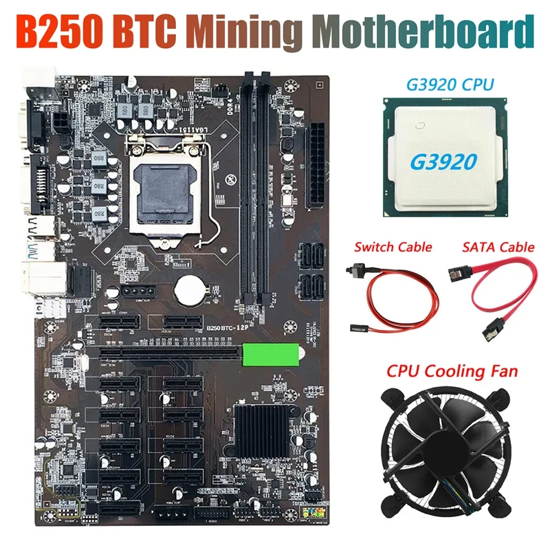 B250 BTC Miner Motherboard With G3920 Or G3930 CPU CPU+Fan+SATA Cable+Switch Cable 12Xgraphics Card Slot LGA 1151 DDR4 USB3.0 Fo 
B250 BTC Miner Motherboard With G3920 Or G3930 CPU CPU+Fan+SATA Cable+Switch Cable 12Xgraphics Card Slot LGA 1151 DDR4 USB3.0 Fo