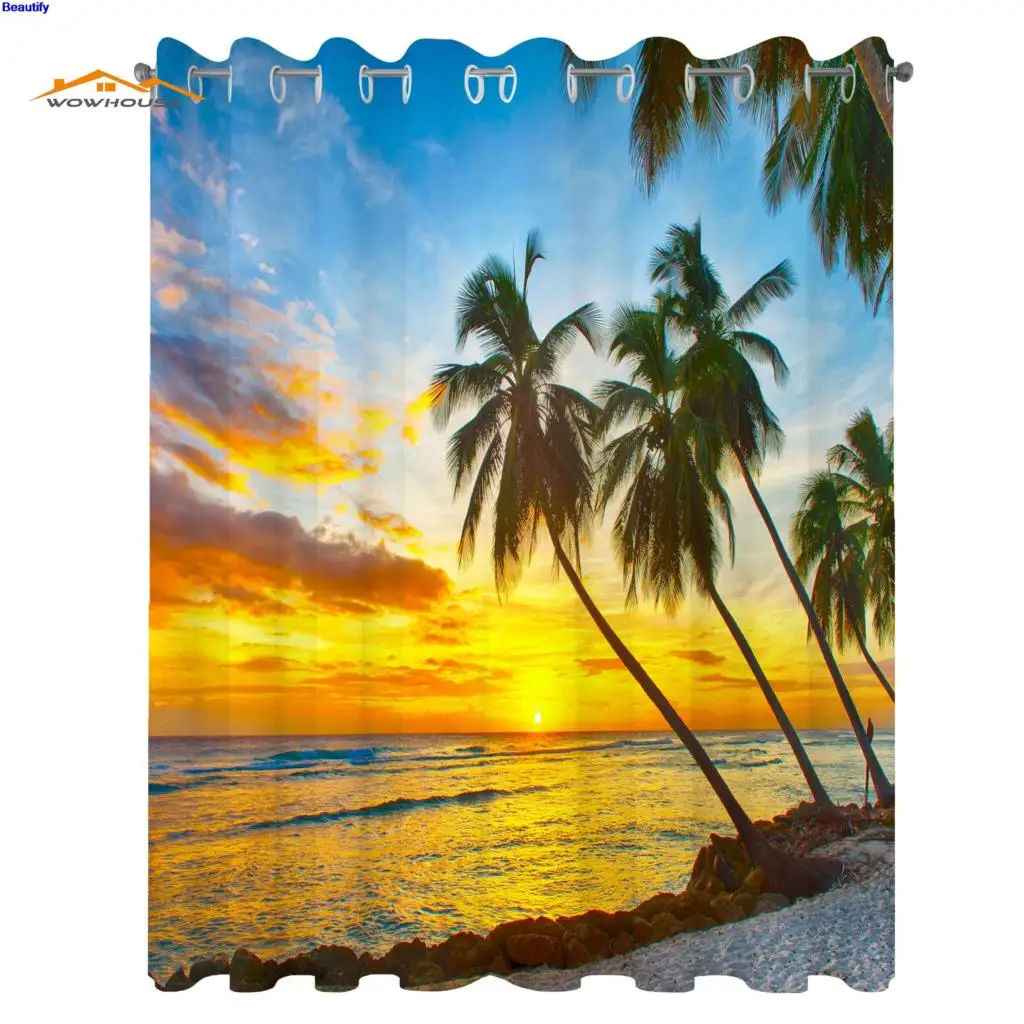 

Оконные шторы, занавески для океана, сказочный закат на море, ладони на пляже на Карибском острове в Барбадосе, гостиная, спальня