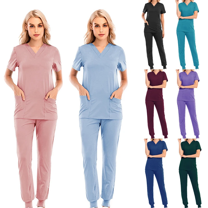 Solid Color Pockets Scrubs Set V-neck Short-sleeved Pocket Nurse Uniform Suit Worker Clothing Sports Casual Jogging Pants Tops
Solid Color Pockets Scrubs Set V-neck Short-sleeved Pocket Nurse Uniform Suit Worker Clothing Sports Casual Jogging Pants Tops