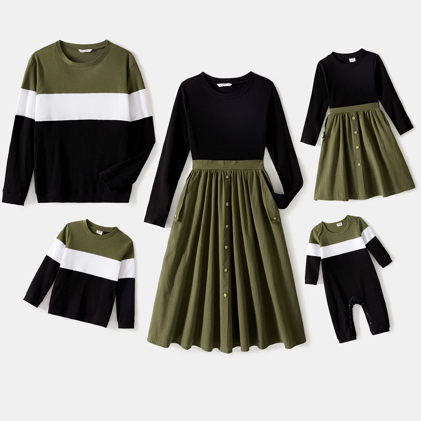 

PatPat Family Matching Long-sleeve Button Front Solid Spliced Dresses and Colorblock Rib Knit Tops Sets