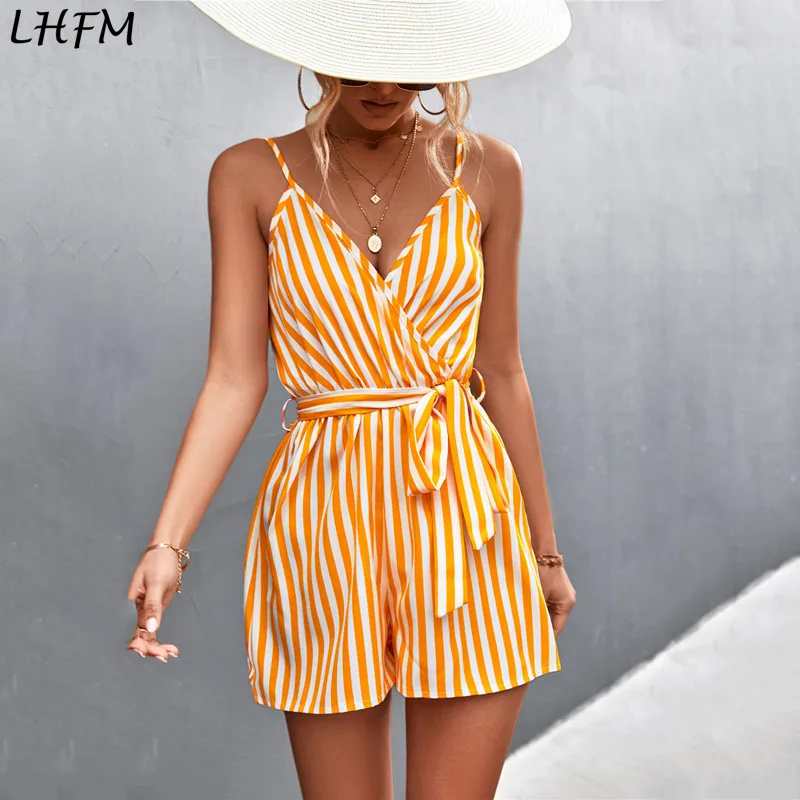 LHFM Women Sleeveless Striped Rompers and Playsuits Summer Cross V-Neck Sexy Playsuits With Belt Spaghetti Strap Jumpsuits 2022
LHFM Women Sleeveless Striped Rompers and Playsuits Summer Cross V-Neck Sexy Playsuits With Belt Spaghetti Strap Jumpsuits 2022