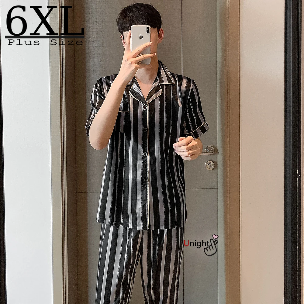 

6XL Men's Stain Silk Pajama Sets Men Pajamas Trousers Large Size 2 Pieces Sets Sleepwear Men Nightgown Men Sets Summer Pijama