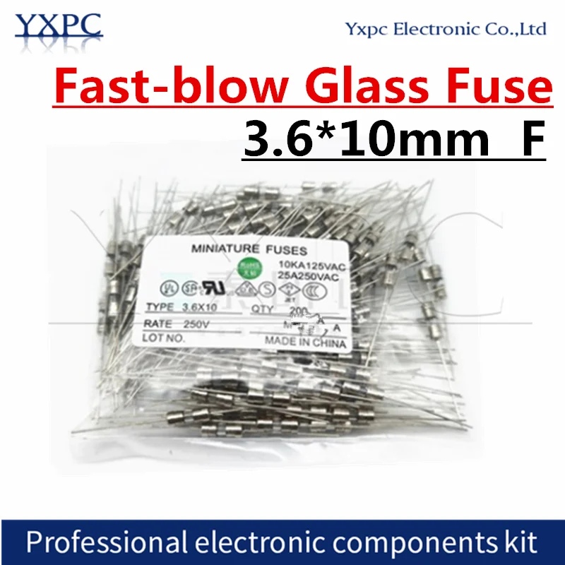 

200pcs 3.6*10 Fast-blow Glass Tube Fuse Fast Break 250V 3.6x10mm 0.5A 1A 1.5A 2A 3A 3.15A 4A 5A 6.3A 8A 10A 15A 20A