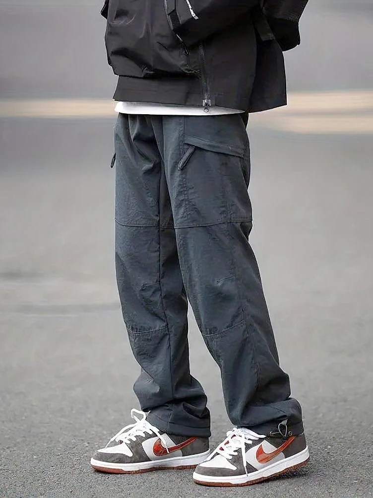 

Y2k винтажные мужские быстросохнущие брюки-карго на завязках, свободные прямые повседневные длинные брюки с парашютом, уличная одежда, новинка 2023