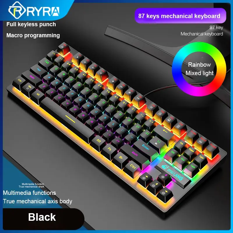 

Механическая клавиатура RYRA в стиле панк, игровая Проводная клавиатура с 87 клавишами и синим переключателем, 7 цветов, RGB-подсветка светодиодный для ноутбука и настольного компьютера