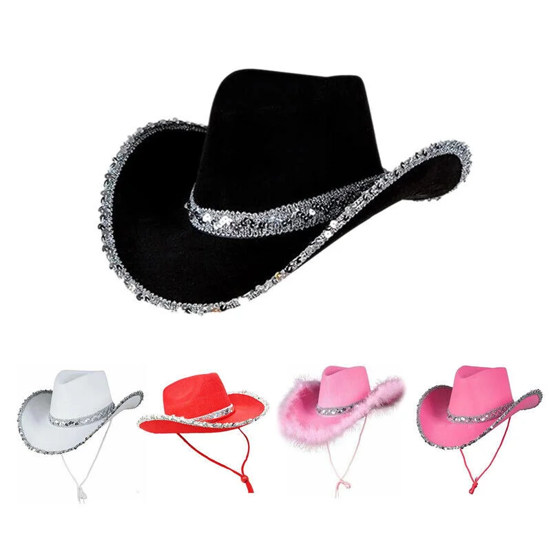 

Ковбойская шляпа с блестками, изогнутые кепки Cowgirl, ковбойская шляпа в западном стиле, шляпа с дикими полями для косплея, бриллиантовая шляпа Jazz