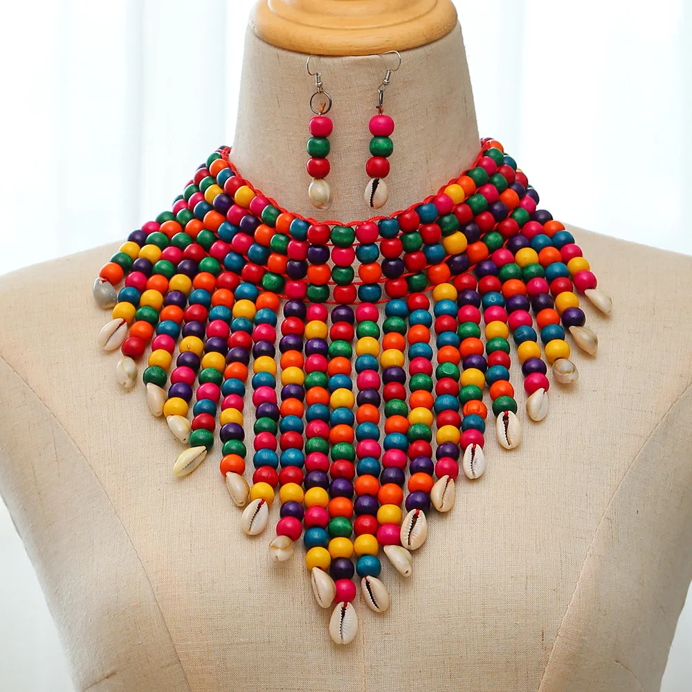 

African Fashion Jewelry Costume Earrings Set Statement Chunky Necklaces for Women Multi Strand Colorful Bead Layered Necklace