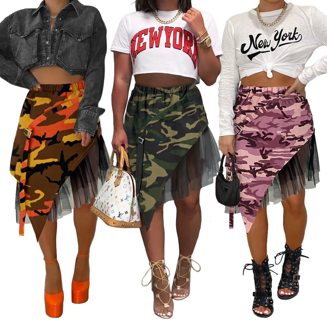 

Gauze Ruffles Patchwork Cotton Camouflage Printed Skirt For Women Knee Length Asymmetrical High Waist Casual Summer Style Loose