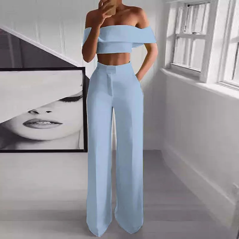 2023 bra baring two-piece set sexy off shoulder top trousers solid color pants set
2023 bra baring two-piece set sexy off shoulder top trousers solid color pants set