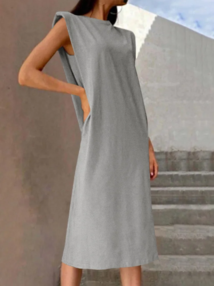 Celmia Vintage Shoulder Pad Sundress Women Holiday Hem Slit Tank Dress Casual Sleeveless O Neck Summer Fashion Solid Color Dress 
Celmia Vintage Shoulder Pad Sundress Women Holiday Hem Slit Tank Dress Casual Sleeveless O Neck Summer Fashion Solid Color Dress