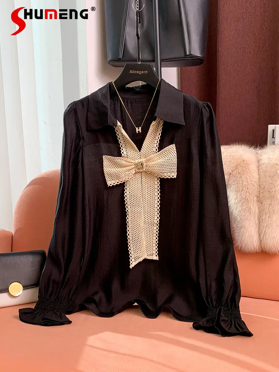 Elegant Bow Stitching Shirts Women's Black Blouse Spring and Autumn 2023 New Fashion Sweet Long Bell Sleeve Tops Blusas Mujer
Elegant Bow Stitching Shirts Women's Black Blouse Spring and Autumn 2023 New Fashion Sweet Long Bell Sleeve Tops Blusas Mujer