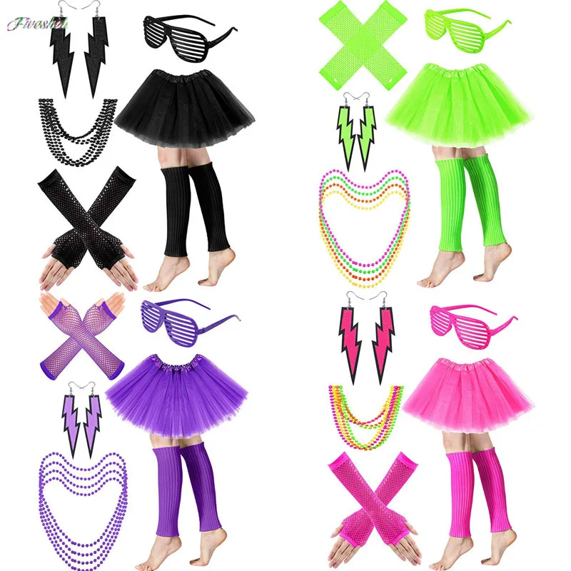 

Neon Costumes Women's 80s Costume Accessories Set Adult Tutu Skirt Leg Warmers Fishnet Gloves Earrings Necklace Shutter Glass