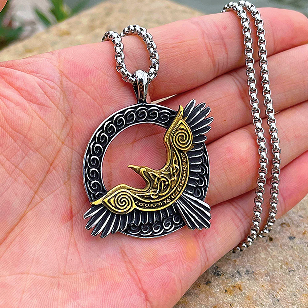 

Gold Norse Odin Huginn and Muninn Raven Pendant Necklace Vintage Stainless Steel Celtic Viking Necklace Men Amulet Jewelry