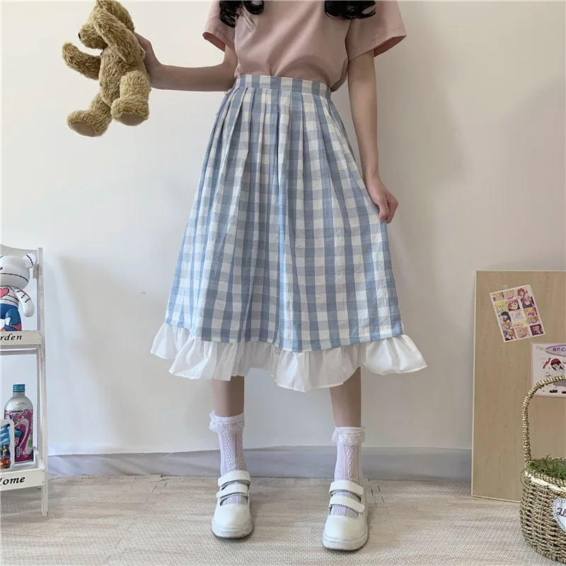 Vintage Ruffle Patchwork Plaid Long Skirt Sweet Girl Blue White Over Knee Length Tutu Women Mori Lolita Cute Pleated Midi Skirts
Vintage Ruffle Patchwork Plaid Long Skirt Sweet Girl Blue White Over Knee Length Tutu Women Mori Lolita Cute Pleated Midi Skirts