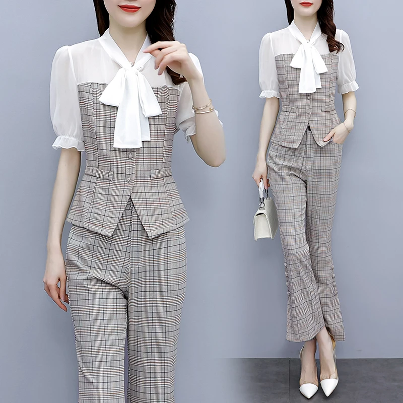 Summer Fashion Two Piece Set Women Elegant Office Plaid OL Short Sleeve Tops Straight Pants 2 Piece Set Ladies
Summer Fashion Two Piece Set Women Elegant Office Plaid OL Short Sleeve Tops Straight Pants 2 Piece Set Ladies