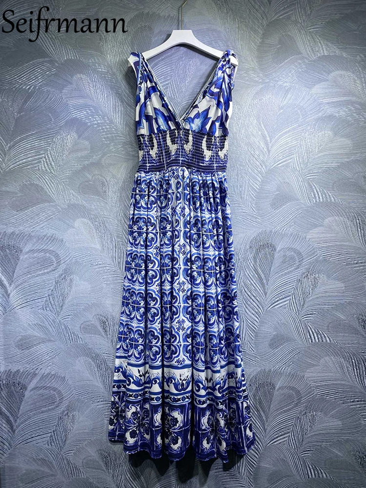 Seifrmann High Quality Summer Women Fashion Designer Blue And White Porcelain Print Dress Bow Sexy V-Neck Cotton Midi Dresses
Seifrmann High Quality Summer Women Fashion Designer Blue And White Porcelain Print Dress Bow Sexy V-Neck Cotton Midi Dresses