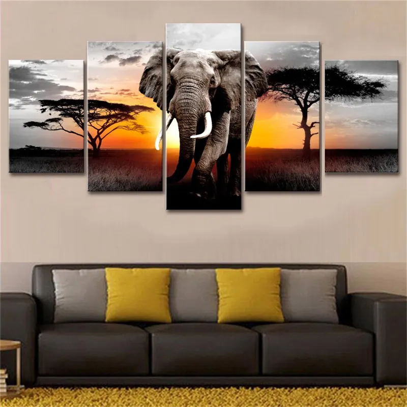 

5 Piece Walking Elephant Sunset Africa Grassland Scenery Canavs Painting Prints Poster Living Room Wall Art Cuadros No Frame