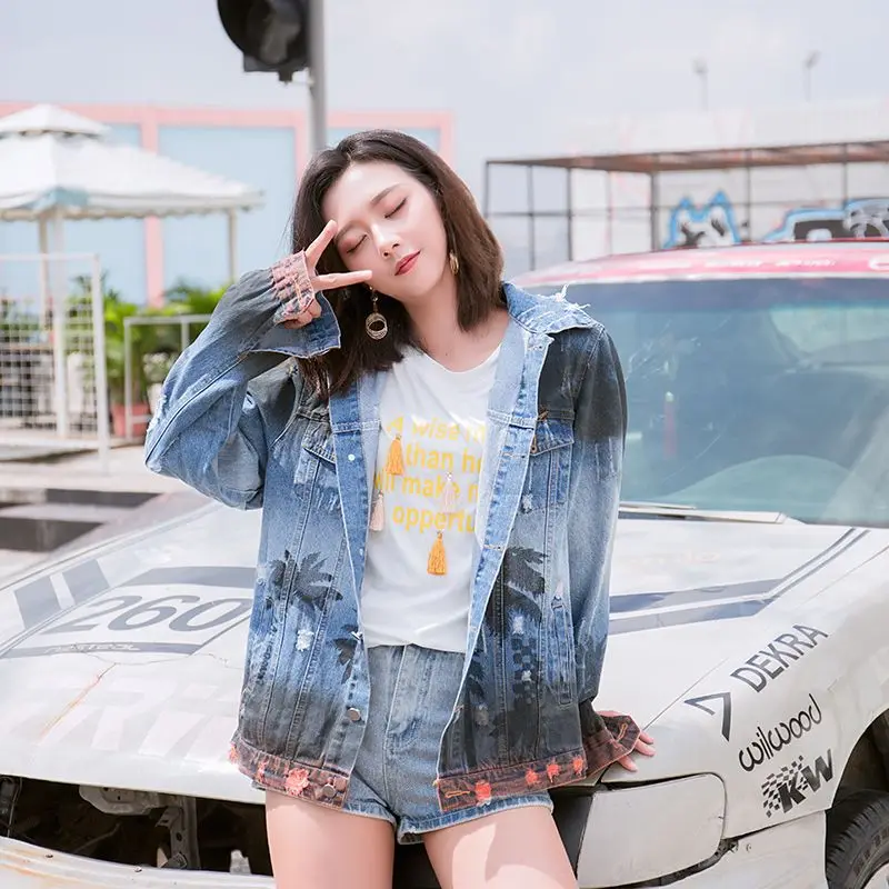 

URIOR Spring Autumn New Unsex Clothing Denim Jacket Washed Hole Frayed Retro Coconut Palm Print Hip Hop Casual Loose Outerwear