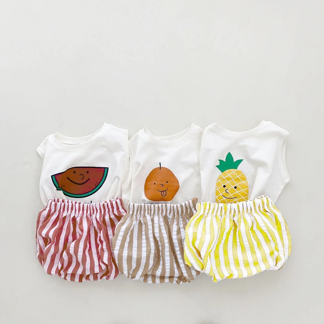 Toddler Summer Fruit Print Sleeveless T-shirt + Striped Shorts 2 Pcs Boy Girl Baby Letter Tops Suit Infant Cotton Waistcoat Set
Toddler Summer Fruit Print Sleeveless T-shirt + Striped Shorts 2 Pcs Boy Girl Baby Letter Tops Suit Infant Cotton Waistcoat Set