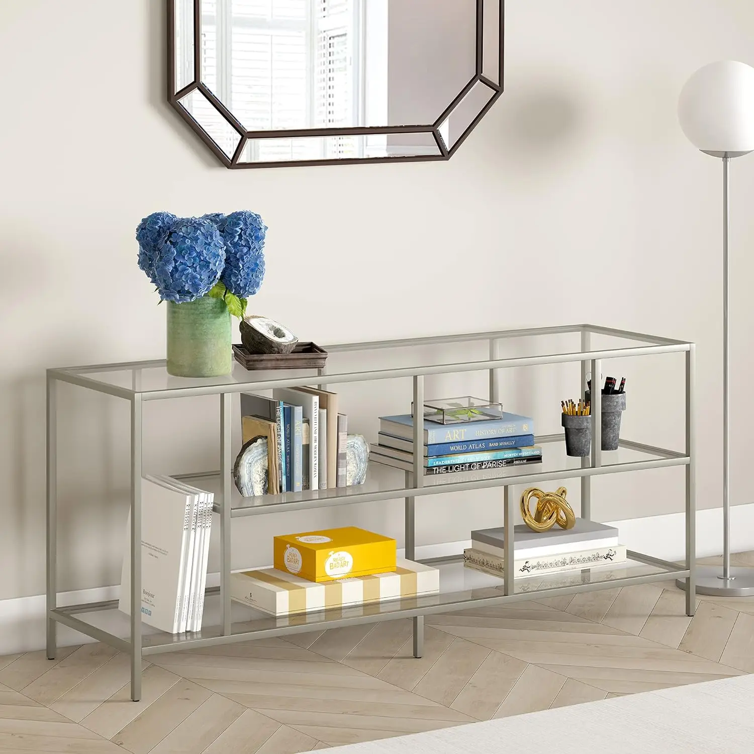 Rectangular TV Stand with Glass Shelves for TV's up to 60" in Satin Nickel, TV Stands for the Living Room
Rectangular TV Stand with Glass Shelves for TV's up to 60" in Satin Nickel, TV Stands for the Living Room