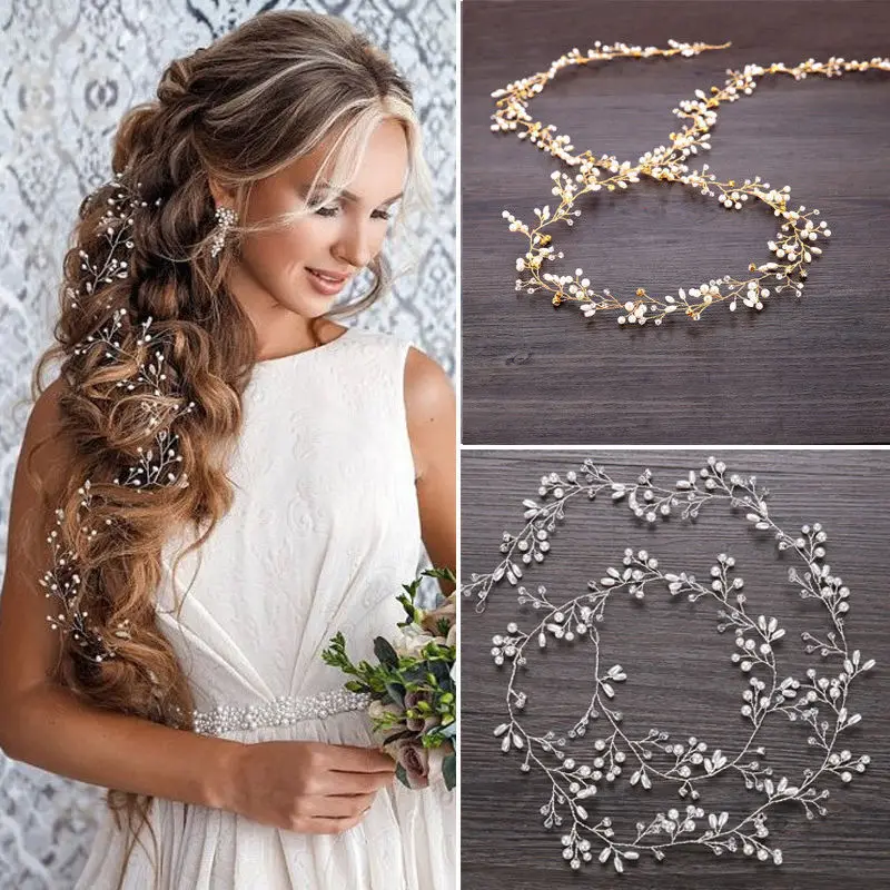 

Женский обруч для волос, обруч с кристаллами и жемчугом, длинная цепочка, свадебный аксессуар для волос