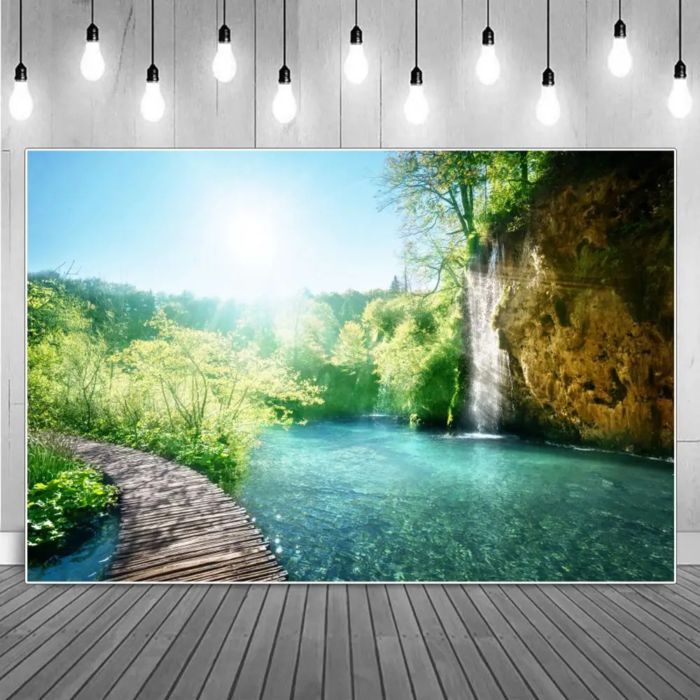 

Jungle Forest Wooden Bridge Waterfalls Birthday Party Decoration Photography Backdrops Natural Blue Lake Landscape Backgrounds