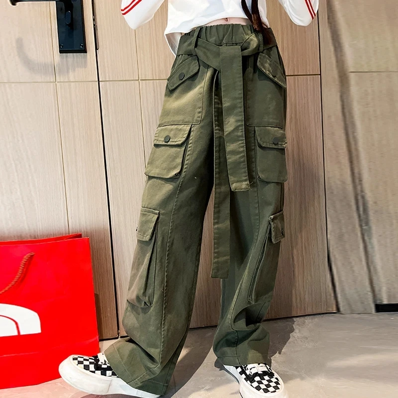 

Teen Girls Cargo Pants Belt Pockets Army Green High Wasit Straight Trousers Spring Fall Kids Clothes 5 7 9 11 13 16 4 12 10 Year