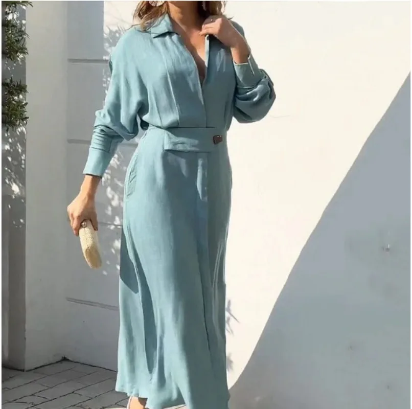 Solid Color Shirt Neck Dress Women Long Sleeve Slim Slit Women's Casual V-Neck Lapel Full Sleeve with Pockets Long Dresses 
Solid Color Shirt Neck Dress Women Long Sleeve Slim Slit Women's Casual V-Neck Lapel Full Sleeve with Pockets Long Dresses