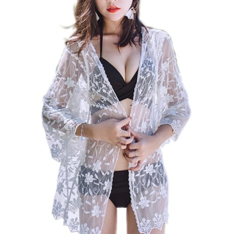 Womens 3/4 Sleeves Open Front Sheer Kimono Cardigan Embroidery Floral Lace Short Swimsuit Bikini Cover Up Sexy Beach Mini Blouse
Womens 3/4 Sleeves Open Front Sheer Kimono Cardigan Embroidery Floral Lace Short Swimsuit Bikini Cover Up Sexy Beach Mini Blouse