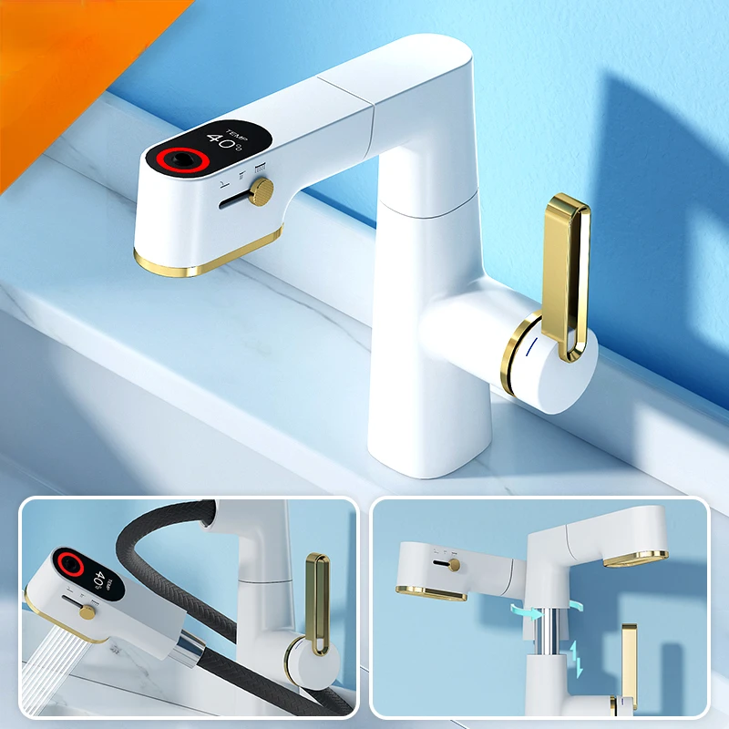 Bathroom Faucets Pull Out Basin Mixer Sink Faucet Gourmet LED Temperature Tap 360° Tapware Crane Brass White Multifunctional
Bathroom Faucets Pull Out Basin Mixer Sink Faucet Gourmet LED Temperature Tap 360° Tapware Crane Brass White Multifunctional