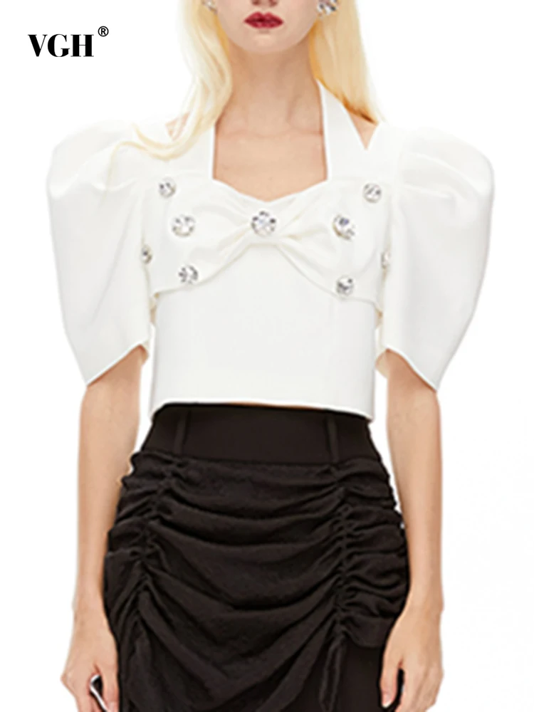 VGH Korean Style White Blouses For Women Halter Short Puff Sleeve Patchwork Bowknot Diamonds Shirts Female Fashion Spring Style
VGH Korean Style White Blouses For Women Halter Short Puff Sleeve Patchwork Bowknot Diamonds Shirts Female Fashion Spring Style