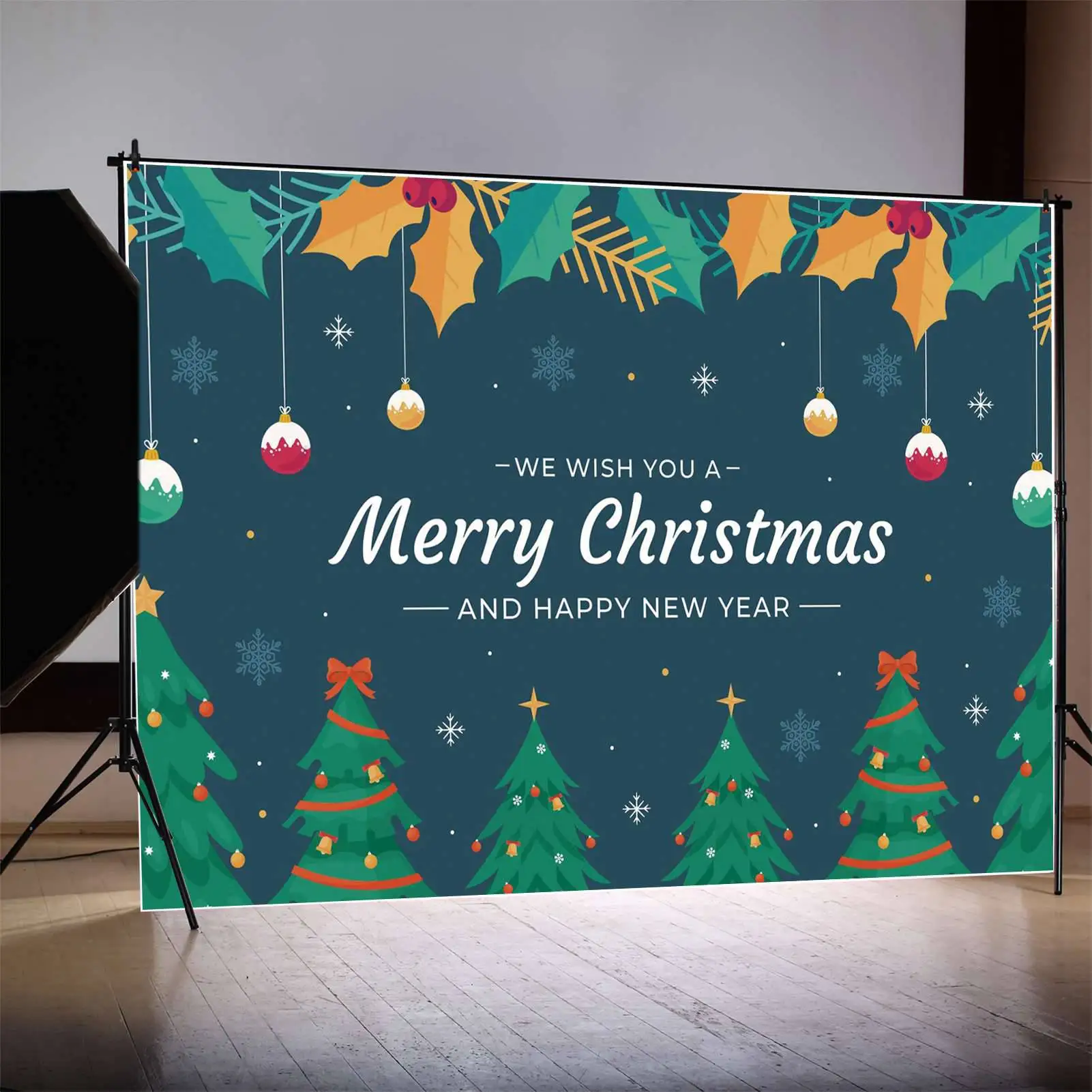 

MOON.QG Backdrop Merry Christmas Tree Banner Party Decoration Background Blue Snowflake Sky Bean Green Pine Photo Booth Props