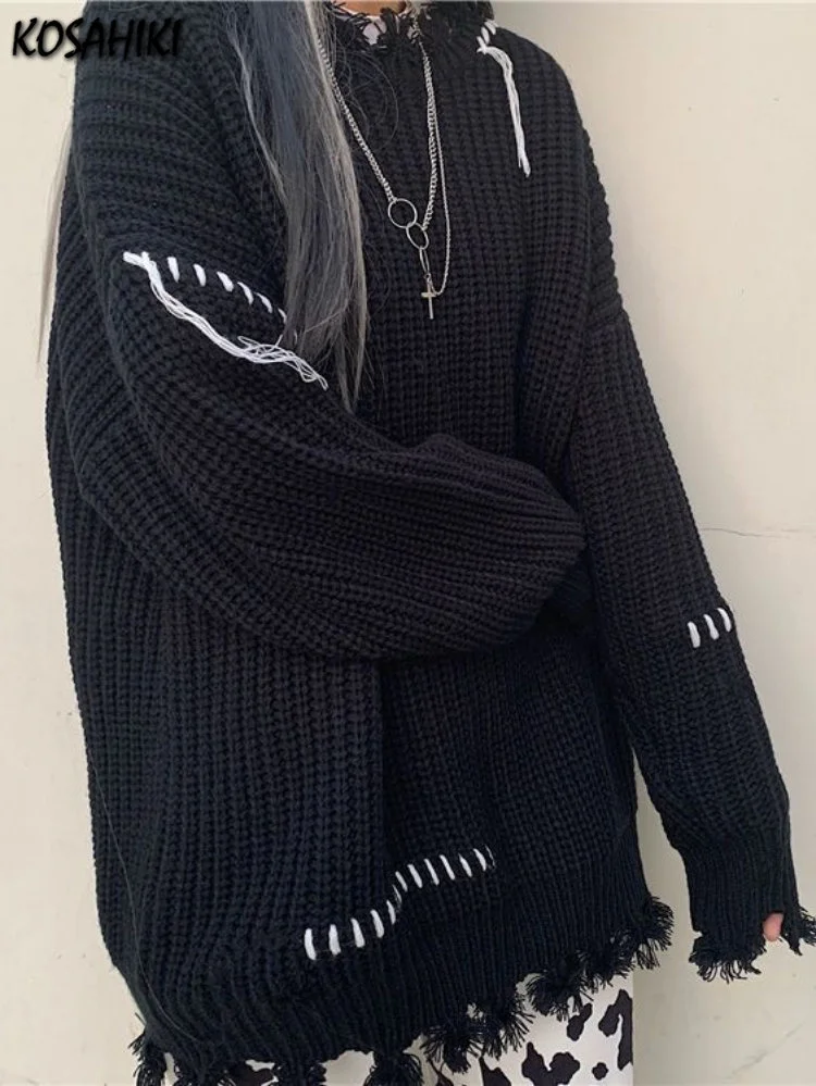 Gothic Grunge Black Sweater Women Harajuku Ripped Jumper Japanese Vintage Knit Pullover Loose Y2k Aesthetic Streetwear
Gothic Grunge Black Sweater Women Harajuku Ripped Jumper Japanese Vintage Knit Pullover Loose Y2k Aesthetic Streetwear