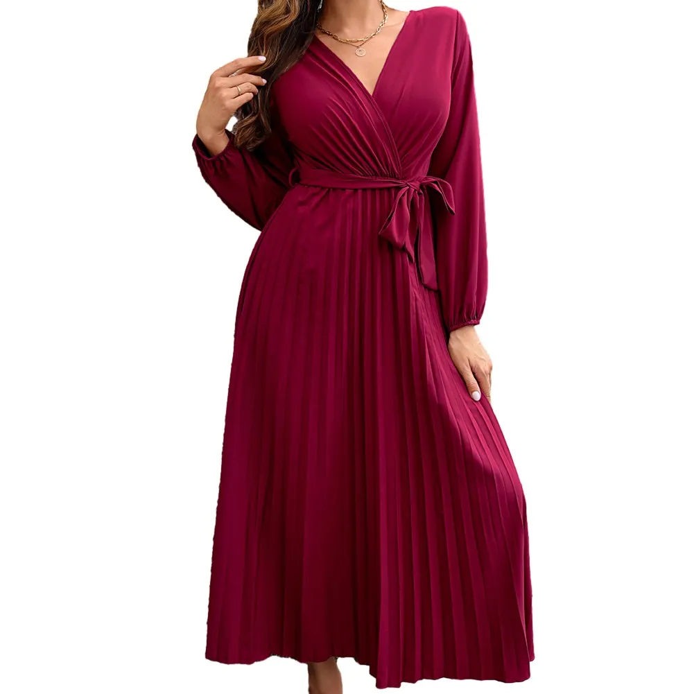 Long Skirt Dress Casual Large Pleated Dress Long Sleeve Medium Stretch Polyester Temperament V Neck High Quality
Long Skirt Dress Casual Large Pleated Dress Long Sleeve Medium Stretch Polyester Temperament V Neck High Quality