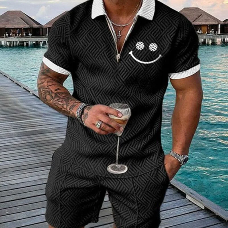 Men's Fashion Polo Shirt Set Men 3D smiley face Printed V-neck Zipper Short Sleeve Polo Shirt+Shorts Two Pieces Man Vintage Suit
Men's Fashion Polo Shirt Set Men 3D smiley face Printed V-neck Zipper Short Sleeve Polo Shirt+Shorts Two Pieces Man Vintage Suit