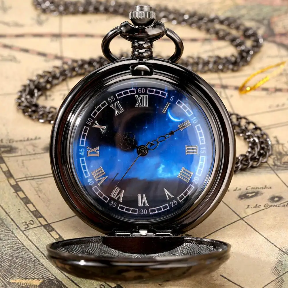 

Hollow Case Quartz Pocket Watch Retro Bronze Roman Numerals Exquise Starry Blue Dial Pendant For Men Women Souvenir Gift