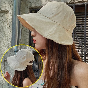 Women Summer Sunhat Cotton Ponytail Bucket Hat Outdoor Beach Adjustable Sun Visor Hats Solid Color Foldable Fisherman Cap