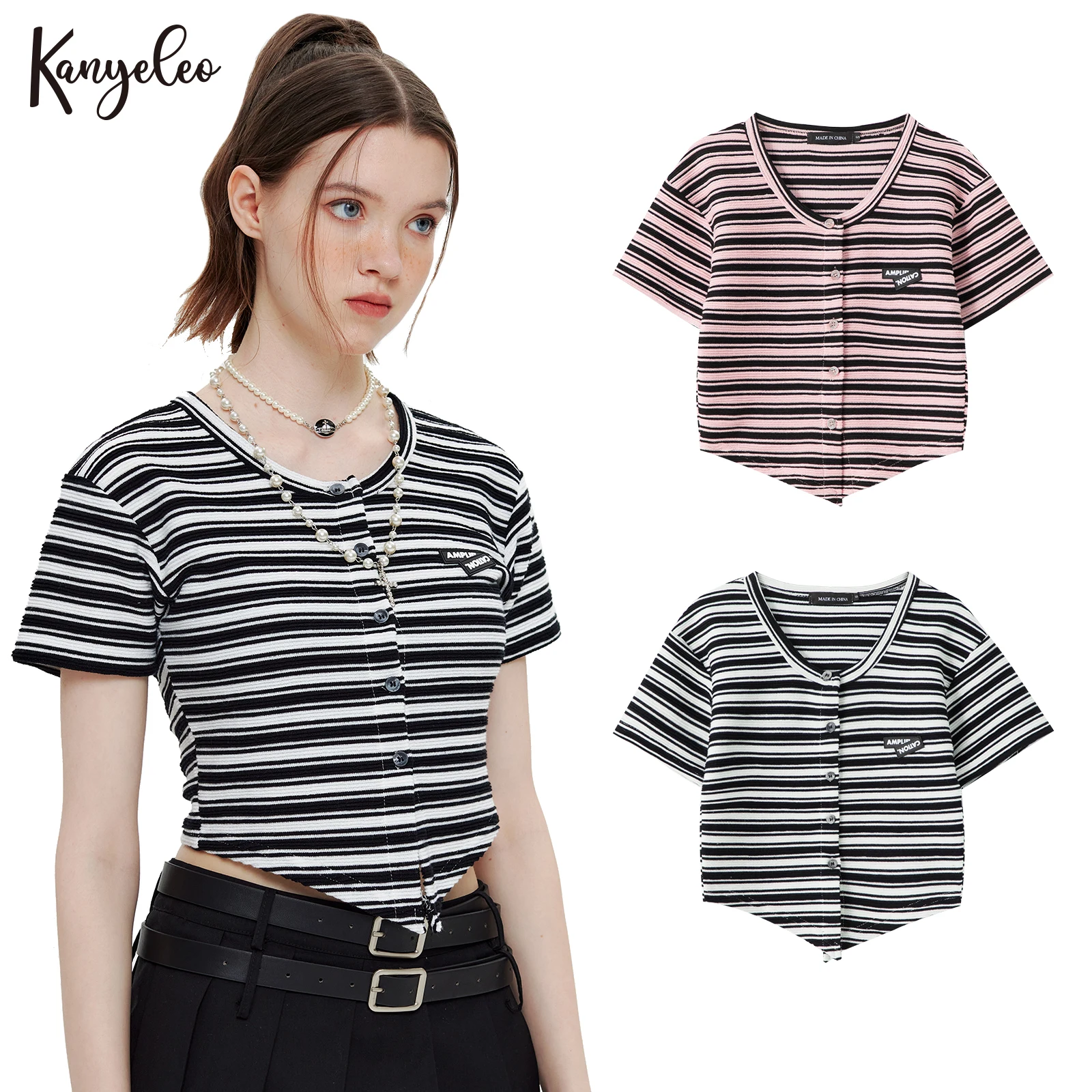 KANYELEO Summer Sweetheart Spice Short Tops Female Short-sleeved Irregular V-neck Original Striped Positive Shoulder T-shirt
KANYELEO Summer Sweetheart Spice Short Tops Female Short-sleeved Irregular V-neck Original Striped Positive Shoulder T-shirt