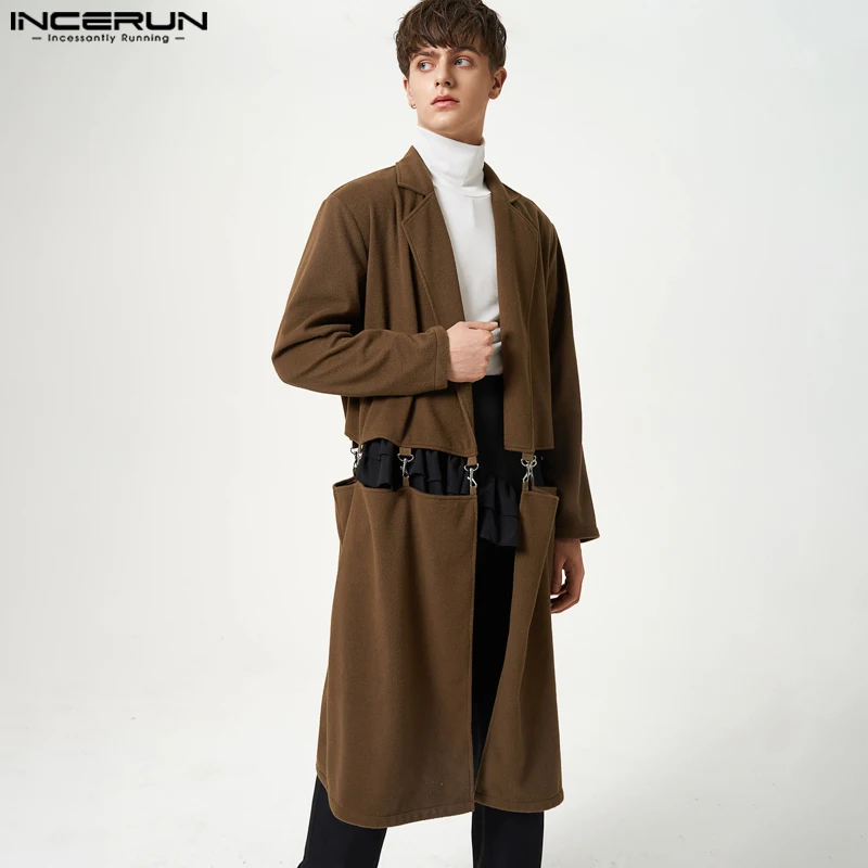 

Handsome All-match Tops INCERUN New Men's Solid Chain Splicing Cardigan Trench Autumn Wnter Medium Long Loose Coats S-5XL 2023