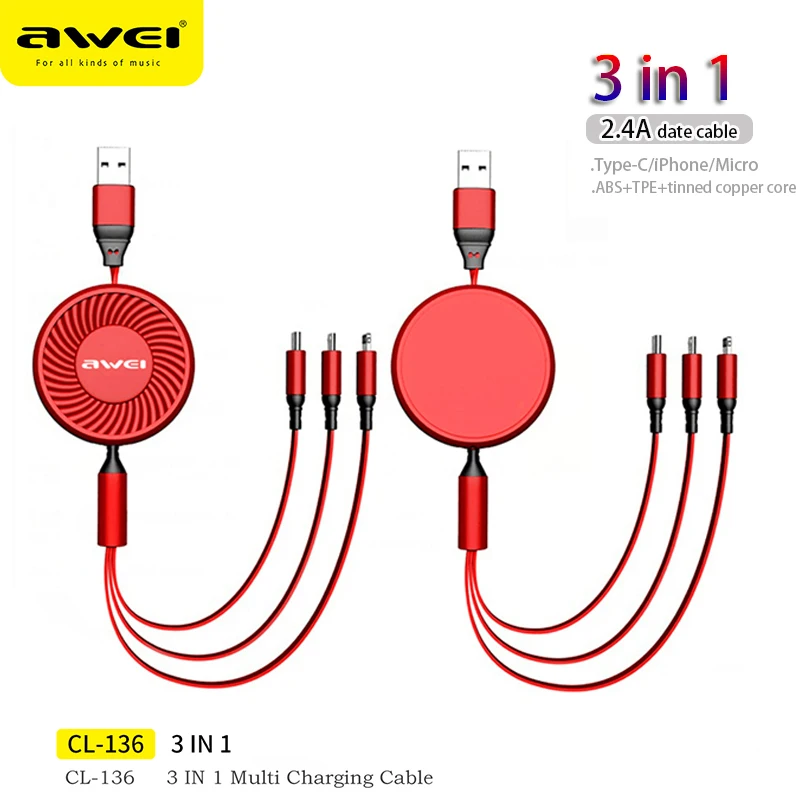 

Awei Brands 3 in 1 Retractable USB C Fast Charging Cable Quick Charge Lightning Date Cord For iPhone Xiaomi Huawei Type C Cable