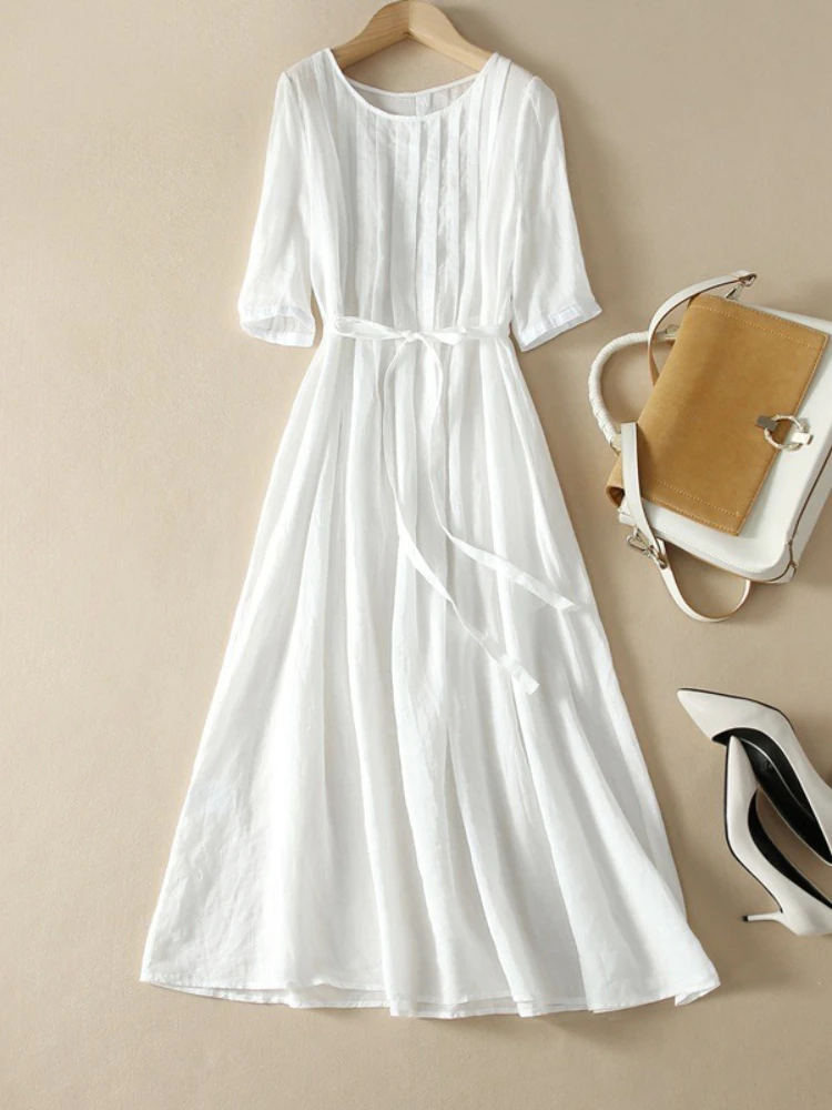 Summer Casual White Ramie Dress Women Short Sleeve Lace Up High Waist Korean O-Neck Pullover A-LINE Mid-Calf Long Party Dress
Summer Casual White Ramie Dress Women Short Sleeve Lace Up High Waist Korean O-Neck Pullover A-LINE Mid-Calf Long Party Dress