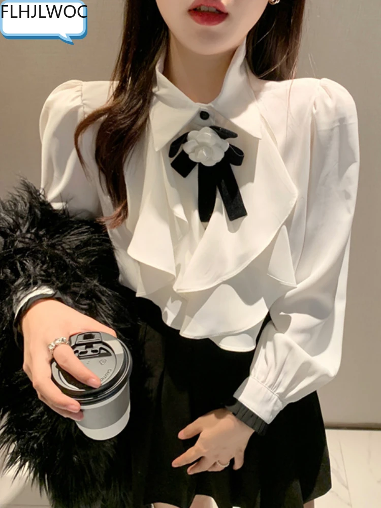 

Женская однобортная блузка с рюшами, белая однотонная блузка с бантом на пуговицах, базовая офисная одежда для работы, весна 2022