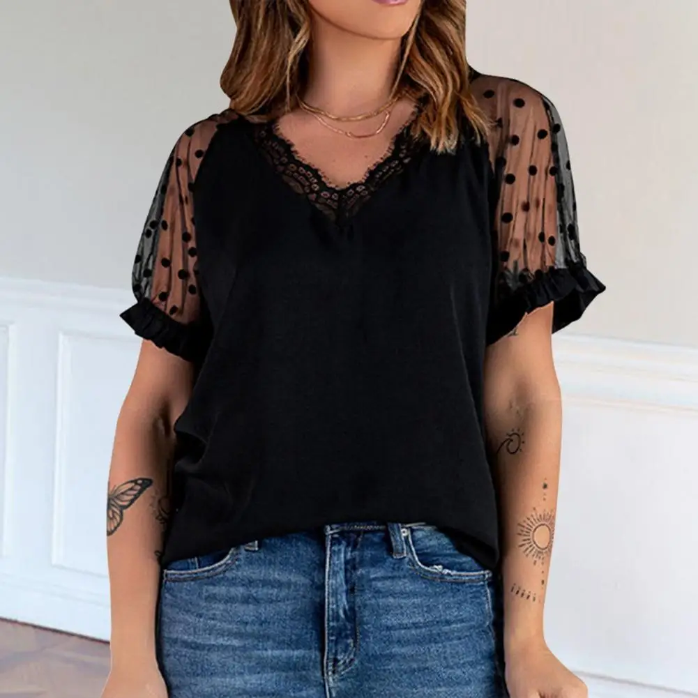 Summer Blouse Solid Color See-through Loose Type Pullover Lace Decor Shirring Decor V Neck Summer T-shirt Female Clothes
Summer Blouse Solid Color See-through Loose Type Pullover Lace Decor Shirring Decor V Neck Summer T-shirt Female Clothes