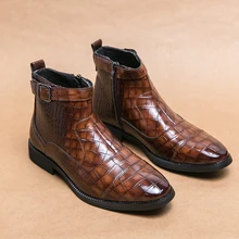 Fashion Buckle Leather Boots Men Shoes Crocodile Pattern Ankle Boots Oxfords Shoes Leather Dress Business Men Boots
