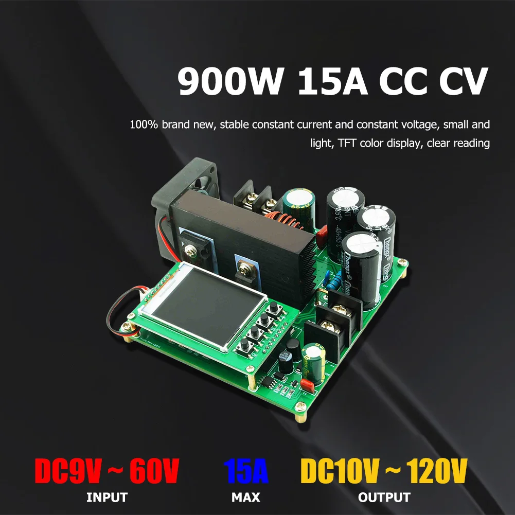 900W 15A Boost Module Board TFT Digital Display DC-DC Boost Converter Module 8-60V To 10-120V Constant Current Voltage CC CV
900W 15A Boost Module Board TFT Digital Display DC-DC Boost Converter Module 8-60V To 10-120V Constant Current Voltage CC CV
