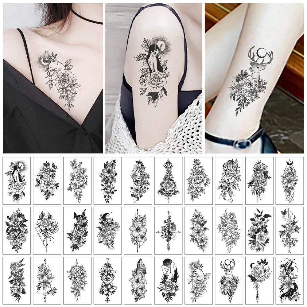 30Pcs Set Women Temporary Tattoo Sticker Black Rose Fake Tatoo Body Hands Arm Leg Flowers Tattos Tatouage Temporaire Femme 2022
30Pcs Set Women Temporary Tattoo Sticker Black Rose Fake Tatoo Body Hands Arm Leg Flowers Tattos Tatouage Temporaire Femme 2022