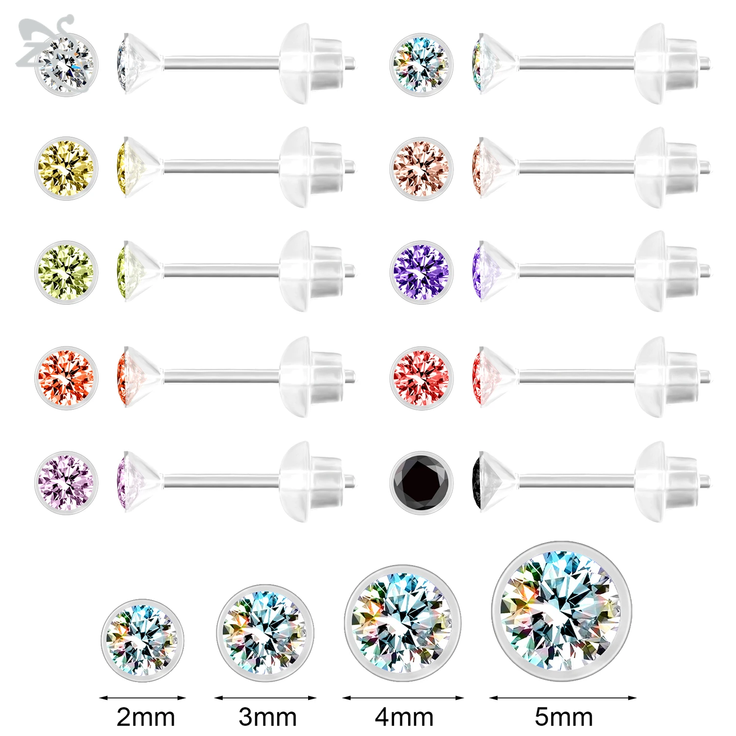 

ZS 4-10 Pairs/lot Round Colorful CZ Crystal Stud Earring 20G Anti-allergy Acrylic Earrings Cartilage Helix Conch Piercings 2-5MM